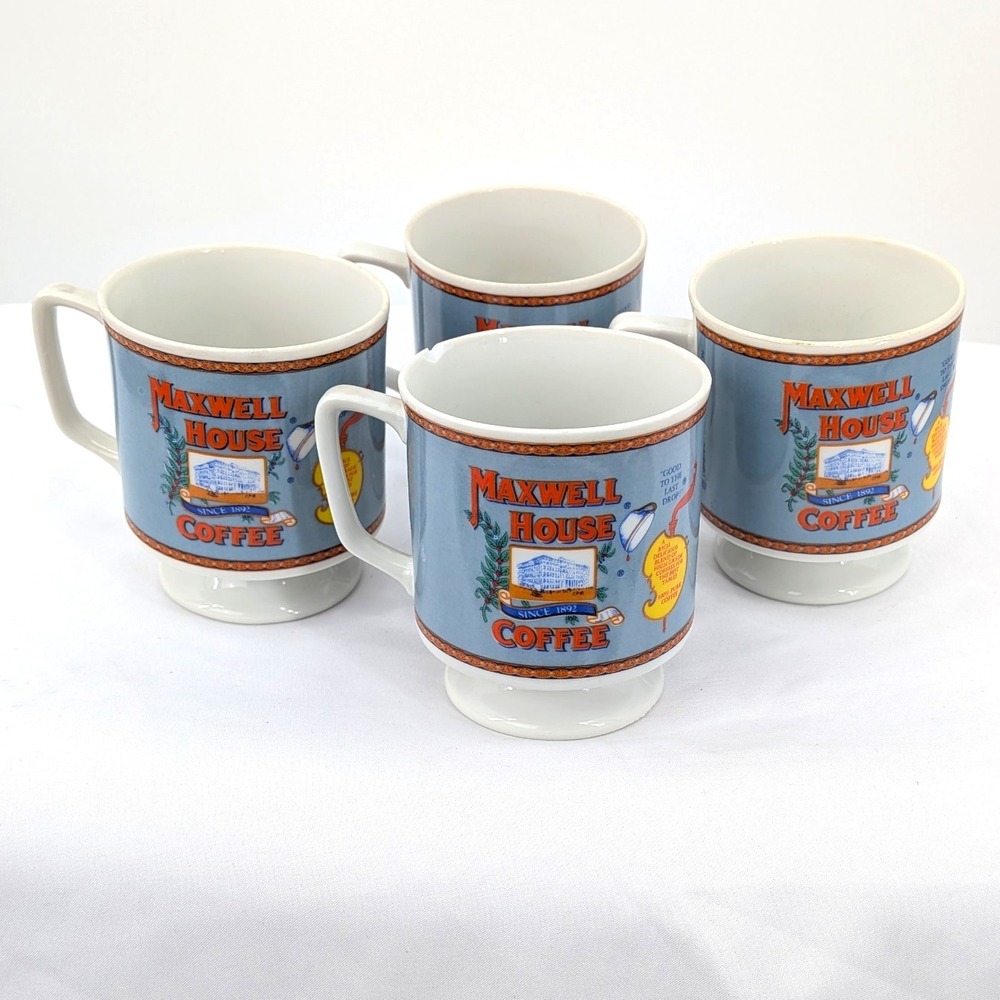 Set of 4 Vintage Maxwell House Coffee Pedestal‎ Mugs Retro Diner 1980s Collect